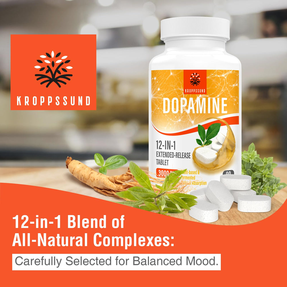 Kroppssund dopamine supplement packaging highlighting 90-count bottle for daily use.