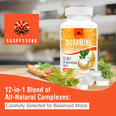 Kroppssund dopamine supplement packaging highlighting 90-count bottle for daily use.