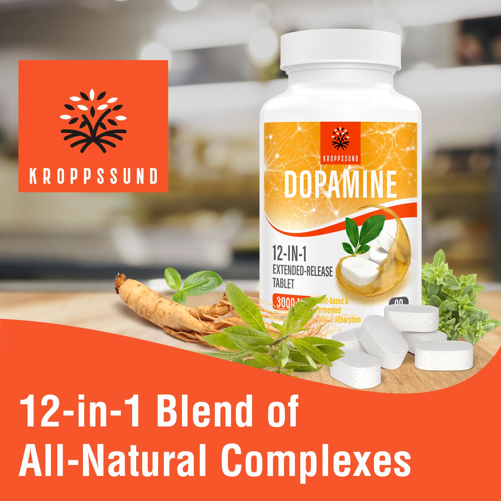 Kroppssund Natural Dopamine Supplement ingredients visual with L-tryptophan extract and B6.