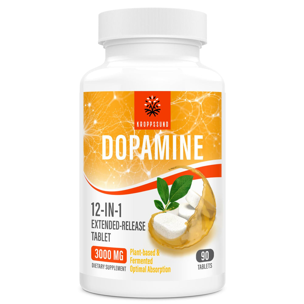 Kroppssund natural dopamine supplement bottle for steady daily focus and mood support.