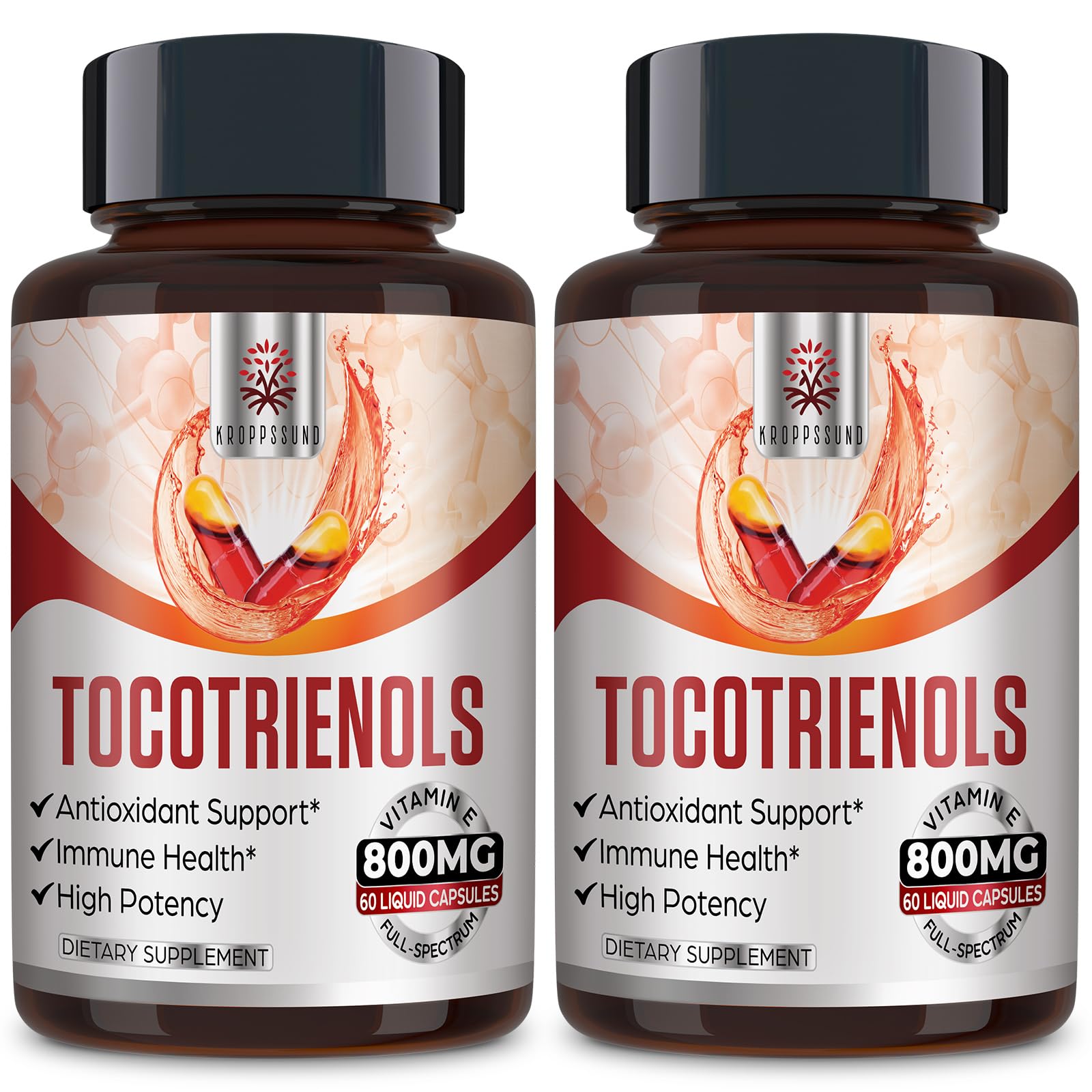 Kroppssund Tocotrienol full-spectrum bottle showing 120 liquid-filled capsules for daily support.