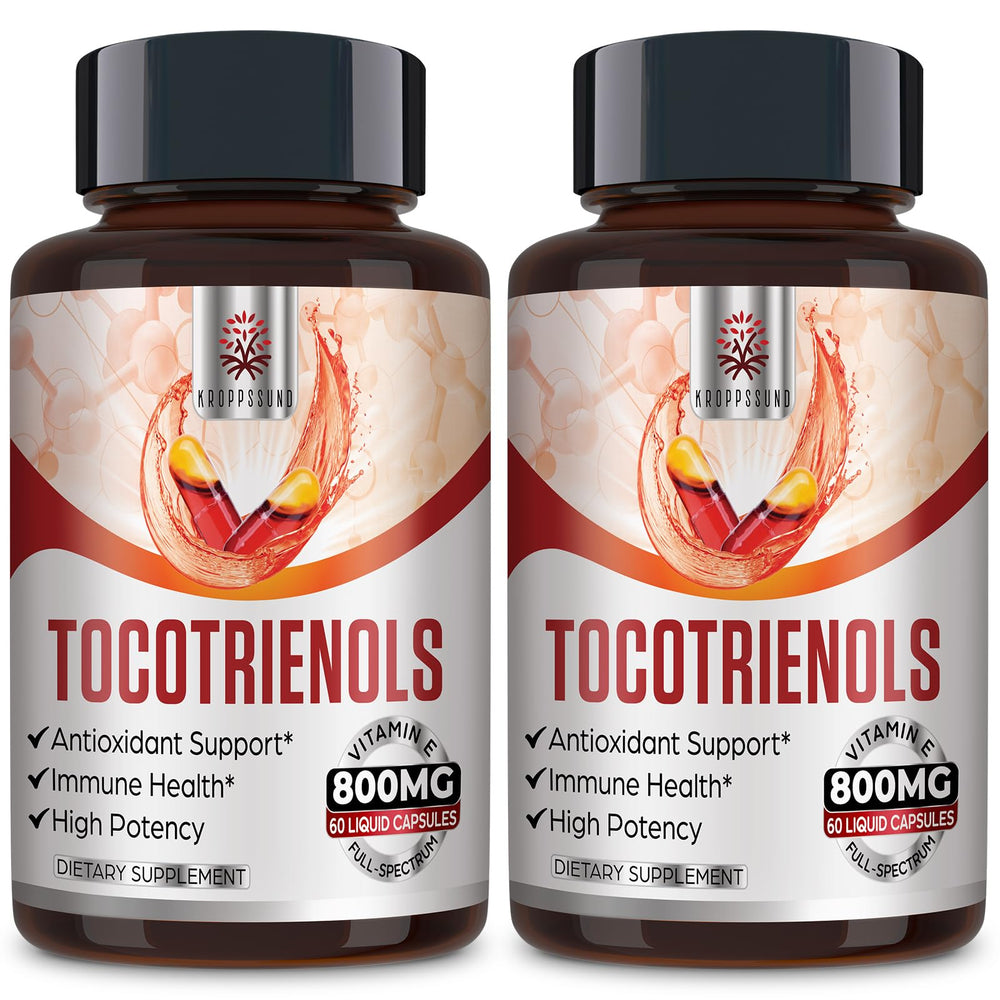 Kroppssund Tocotrienol full-spectrum bottle showing 120 liquid-filled capsules for daily support.