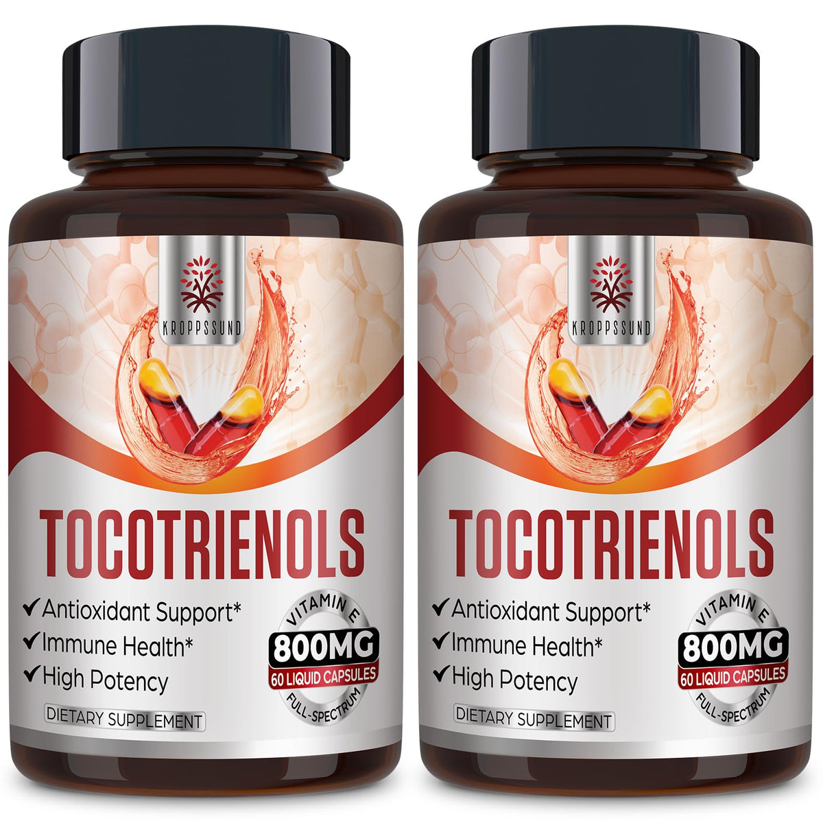 Kroppssund Tocotrienol full-spectrum bottle showing 120 liquid-filled capsules for daily support.