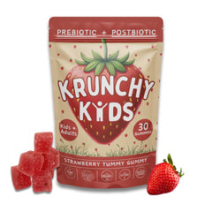 Krunchy Kids Gut Health Gummies strawberry bottle promotes daily gut balance for kids.