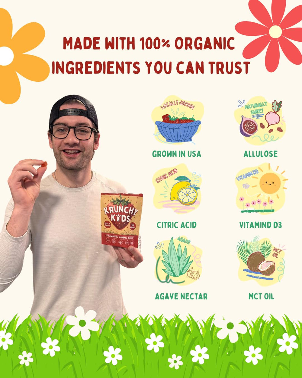 Vegan symbol on Krunchy Kids packaging emphasizes plant-based nutrition.
