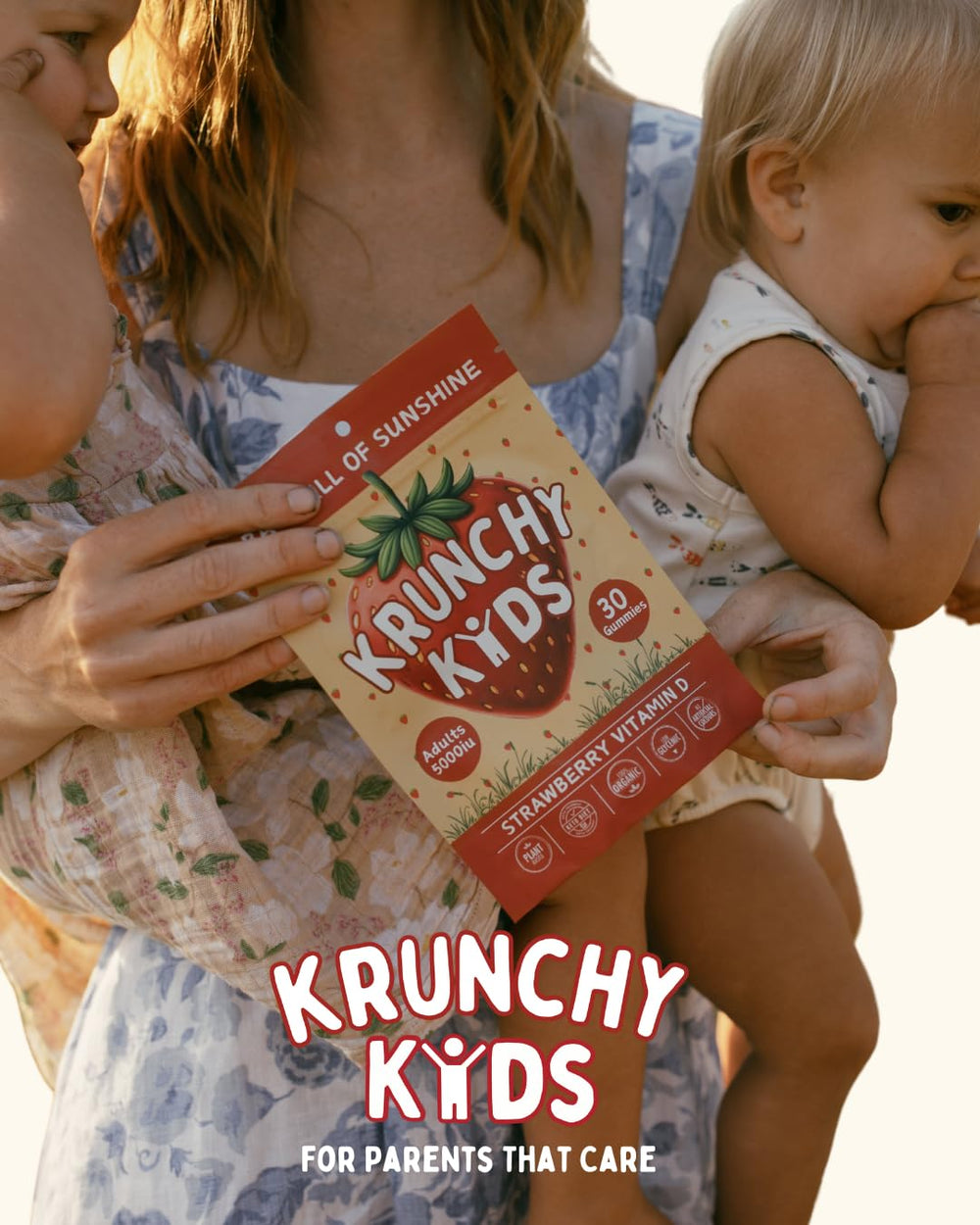 Krunchy Kids Vitamin D3 Gummies dye-free strawberry flavor close-up for tasty daily use.
