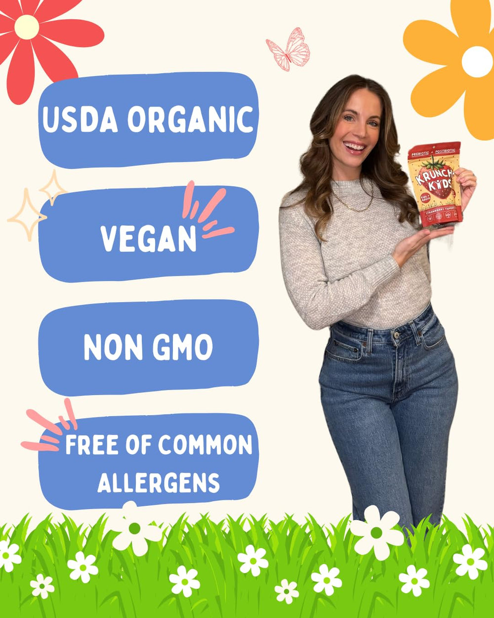 Krunchy Kids Vitamin D3 Gummies label shows clean plant-based ingredients.