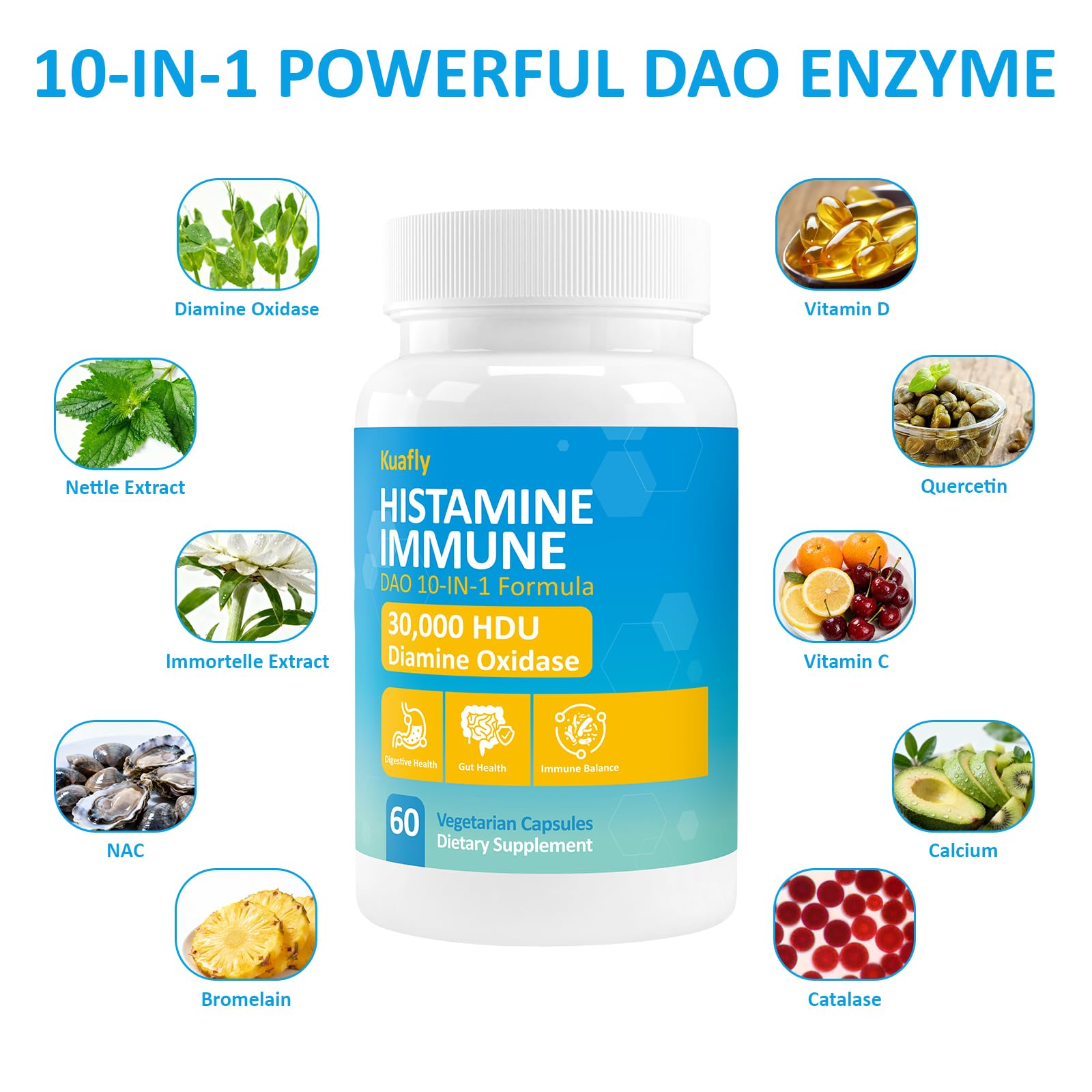 KUAFLY DAO enzyme capsules closeup for easy meal-time dosing.