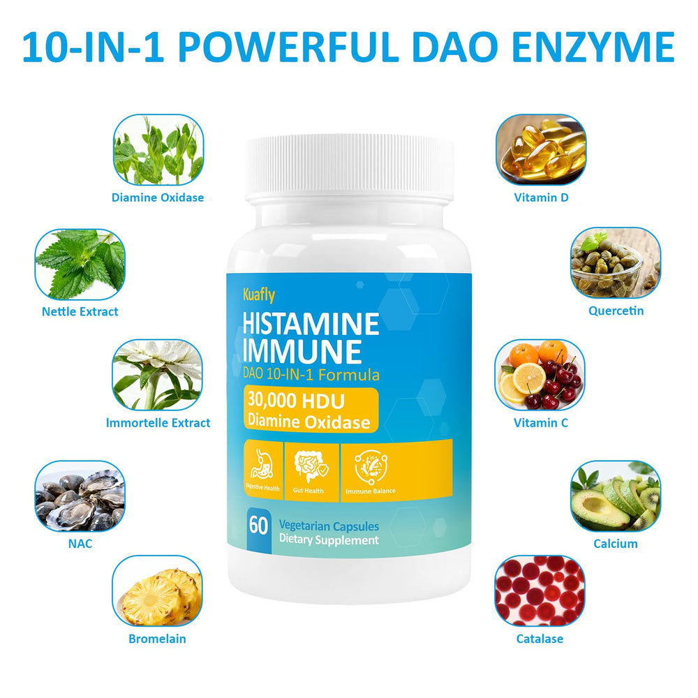 KUAFLY DAO enzyme capsules closeup for easy meal-time dosing.