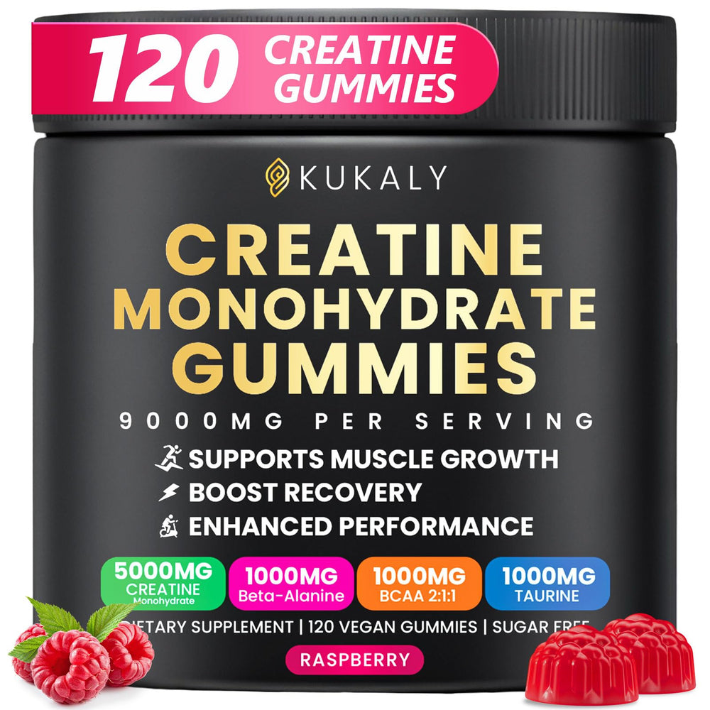 Kukaly Creatine Gummies bottle front shows a 120-count bottle for on-the-go workouts