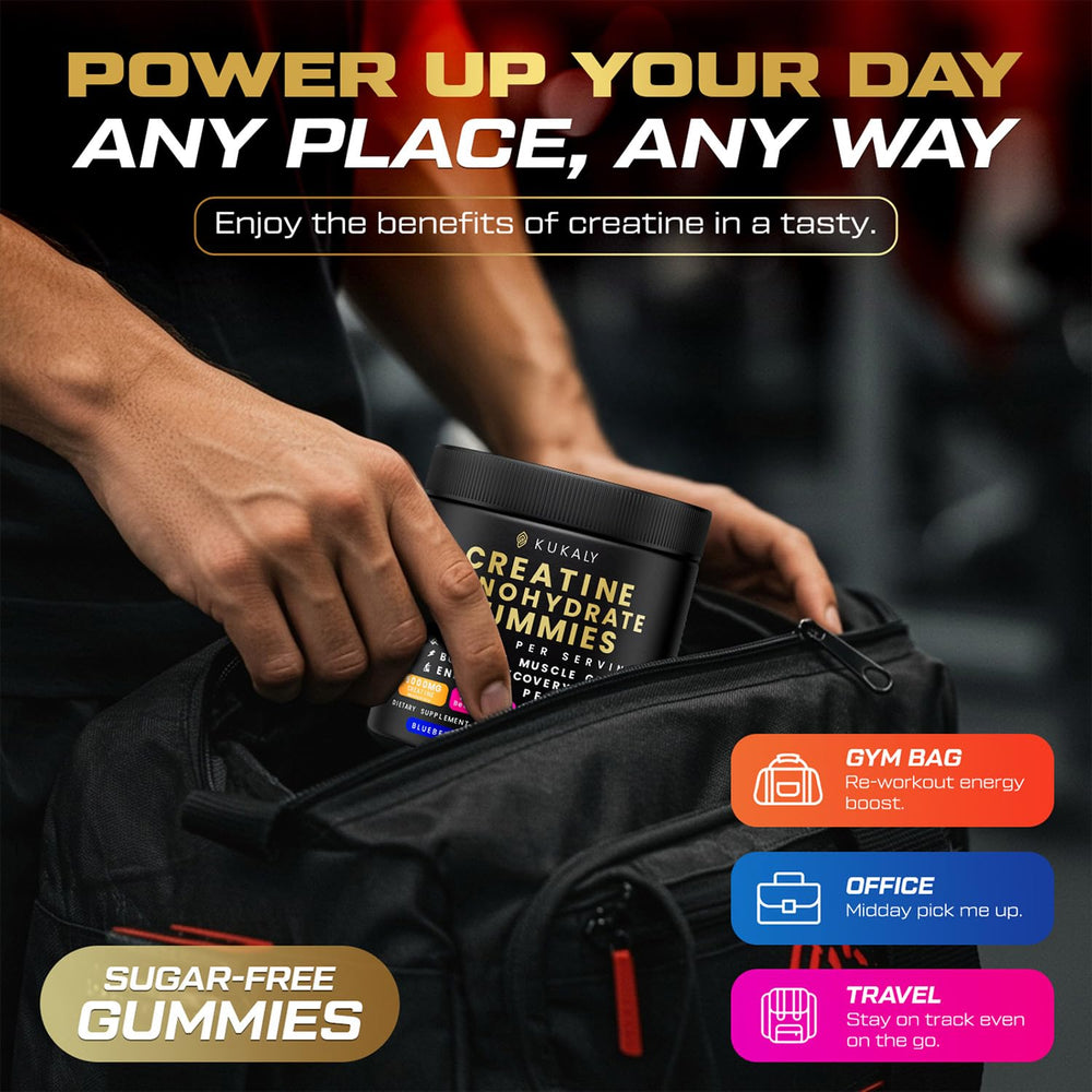 Kukaly Creatine Gummies close-up shows chewy texture for workouts.