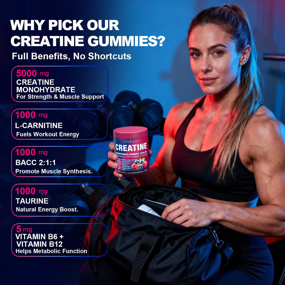 Close-up of Kukaly Creatine Gummies label highlighting vegan and sugar-free features