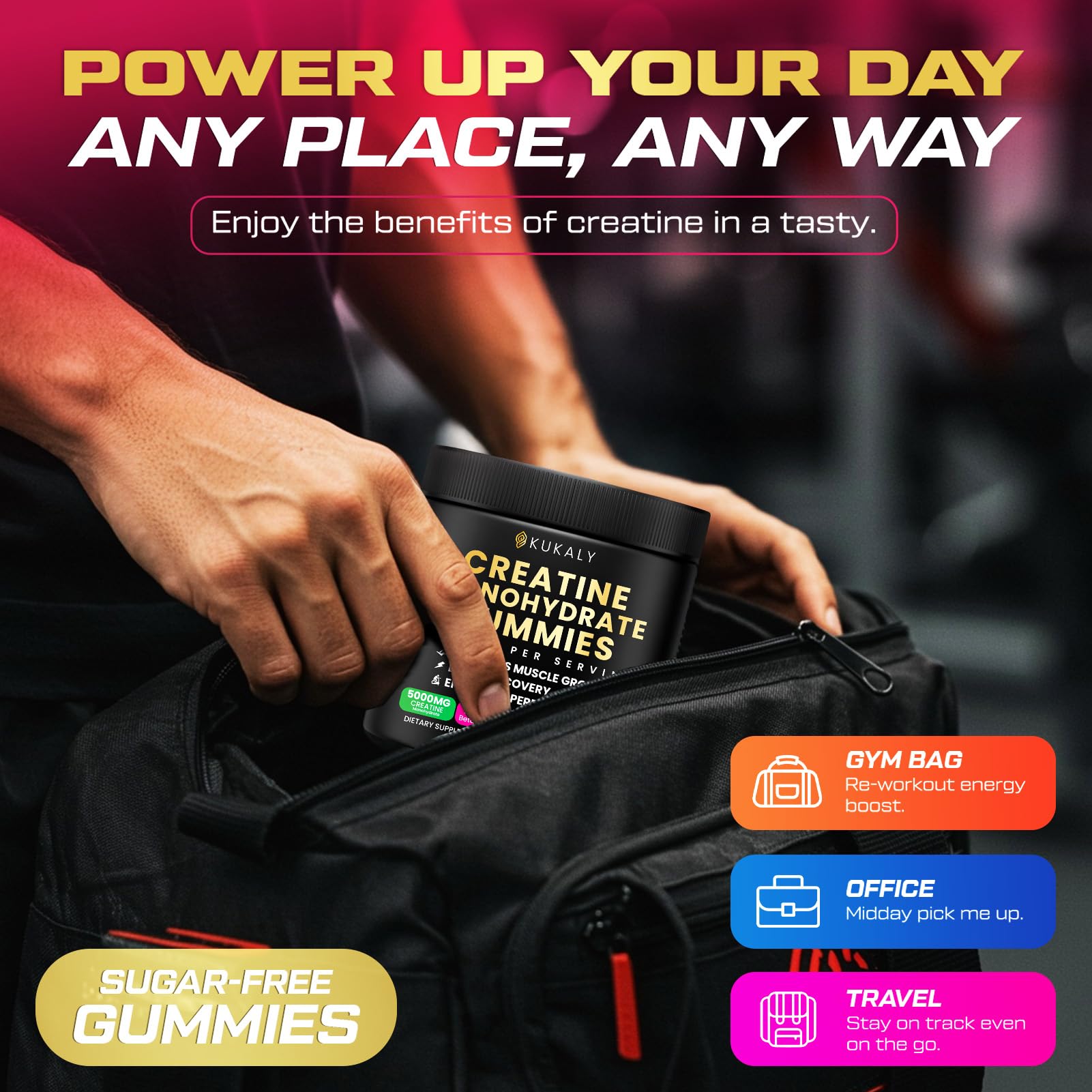 Kukaly Creatine Gummies serving 4 per serving promotes easy daily dosing for workouts