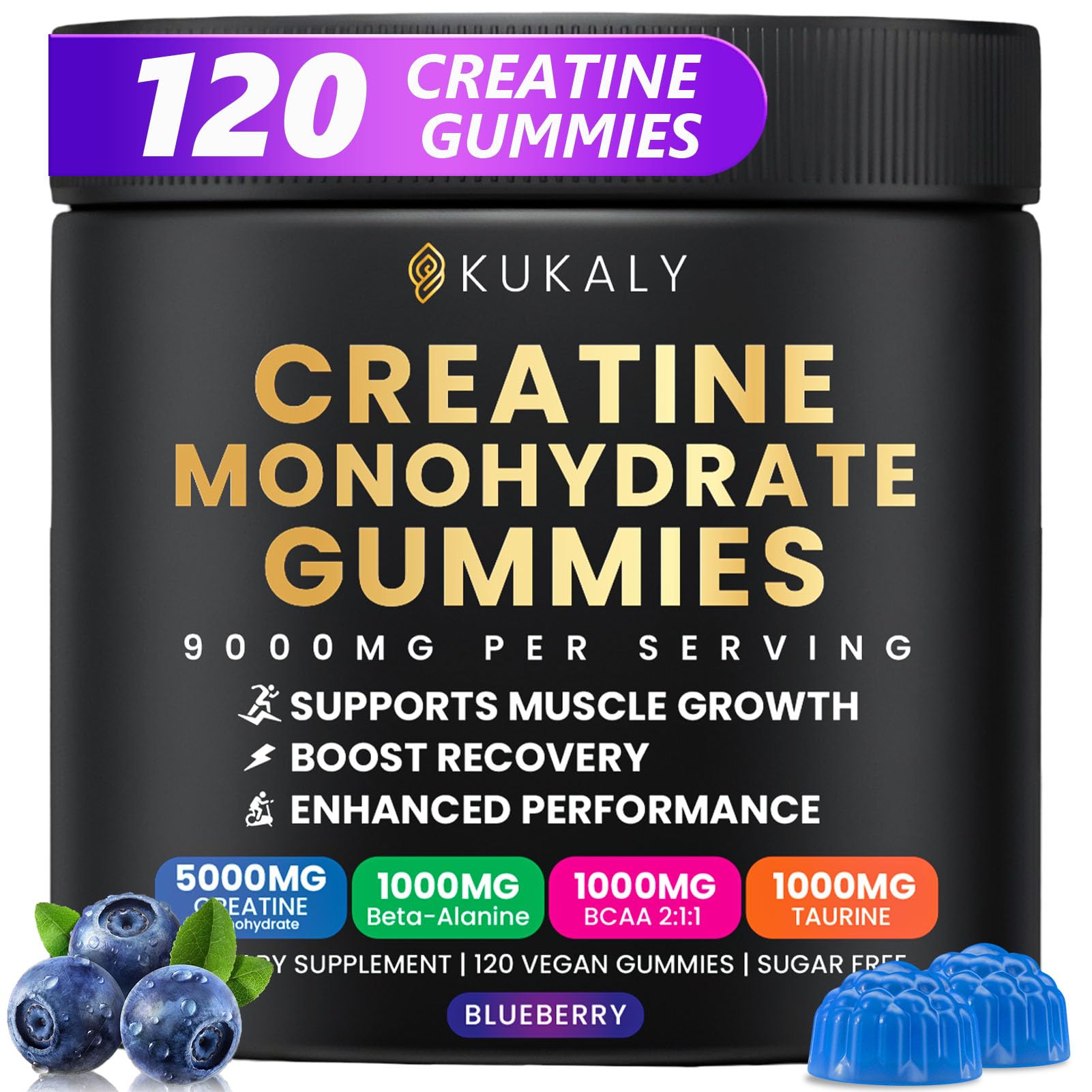 Kukaly Creatine Monohydrate Gummies blueberry bottle showing convenient energy support.