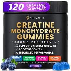 Kukaly Creatine Monohydrate Gummies blueberry bottle showing convenient energy support.