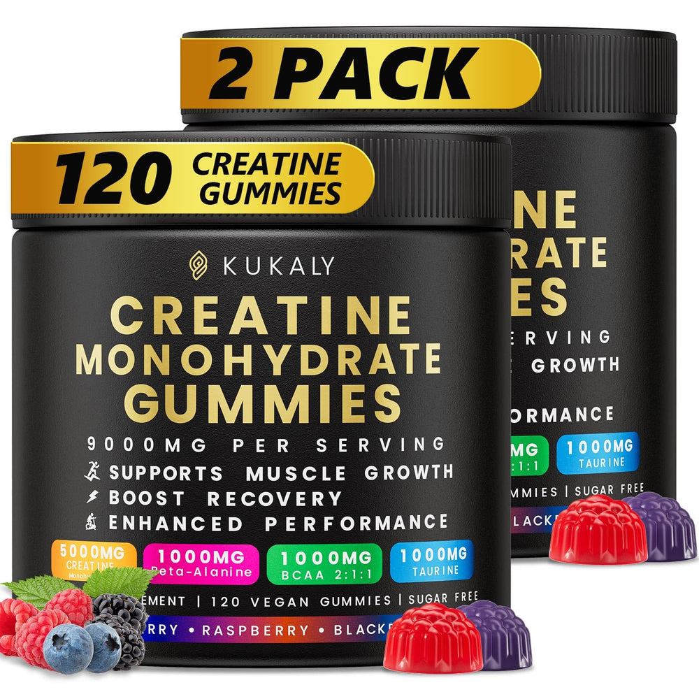 Kukaly Creatine Gummies bottle front, sugar-free boost for workouts and recovery.