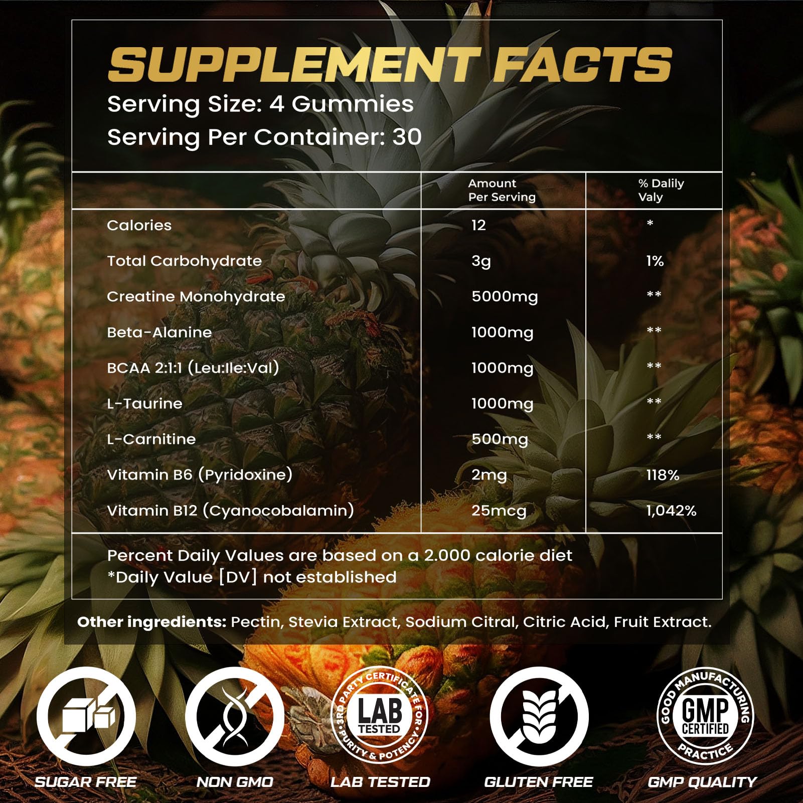 Gummies label highlights BCAA, taurine, and vitamins for recovery
