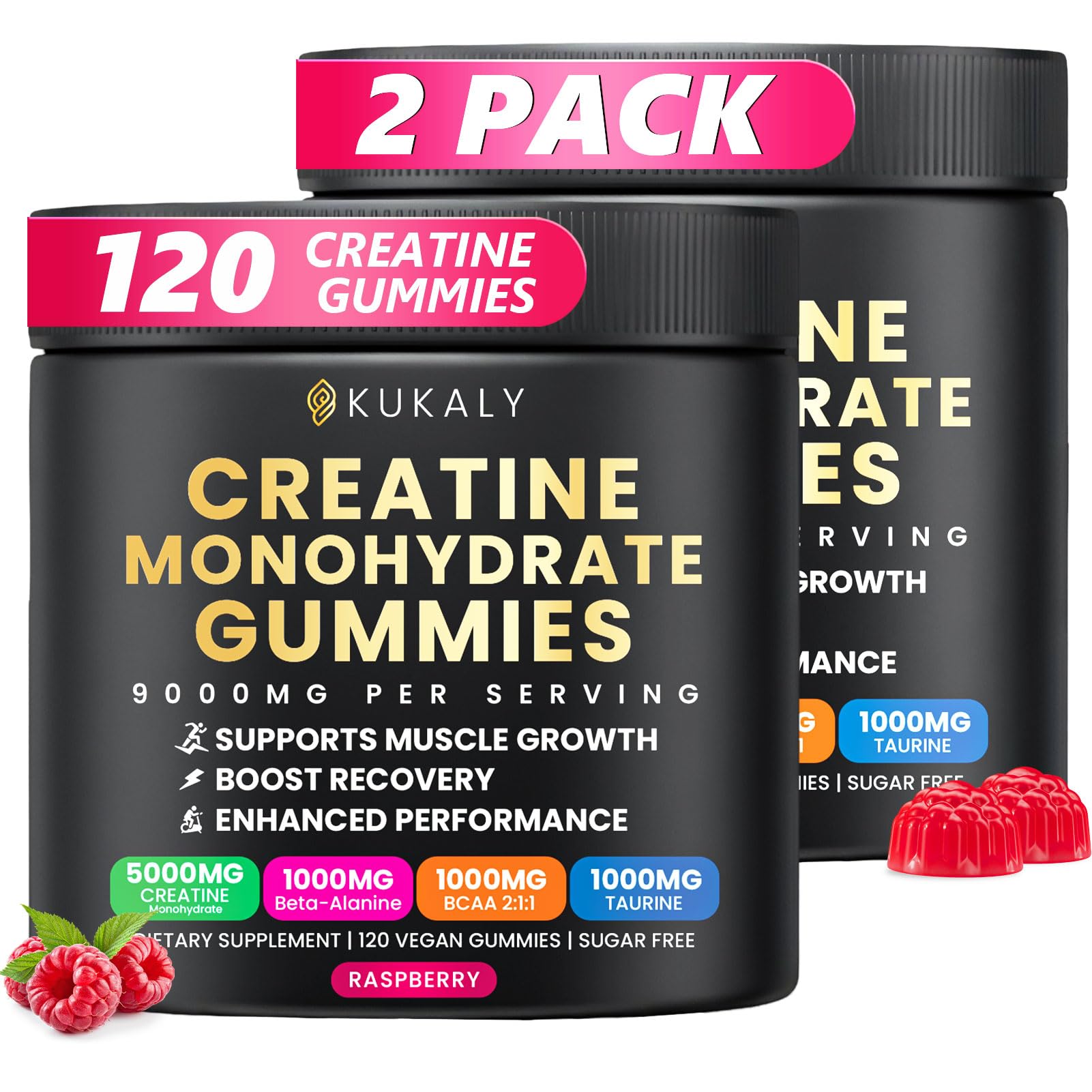 KUKALY Raspberry Creatine Gummies bottle front for on-the-go energy