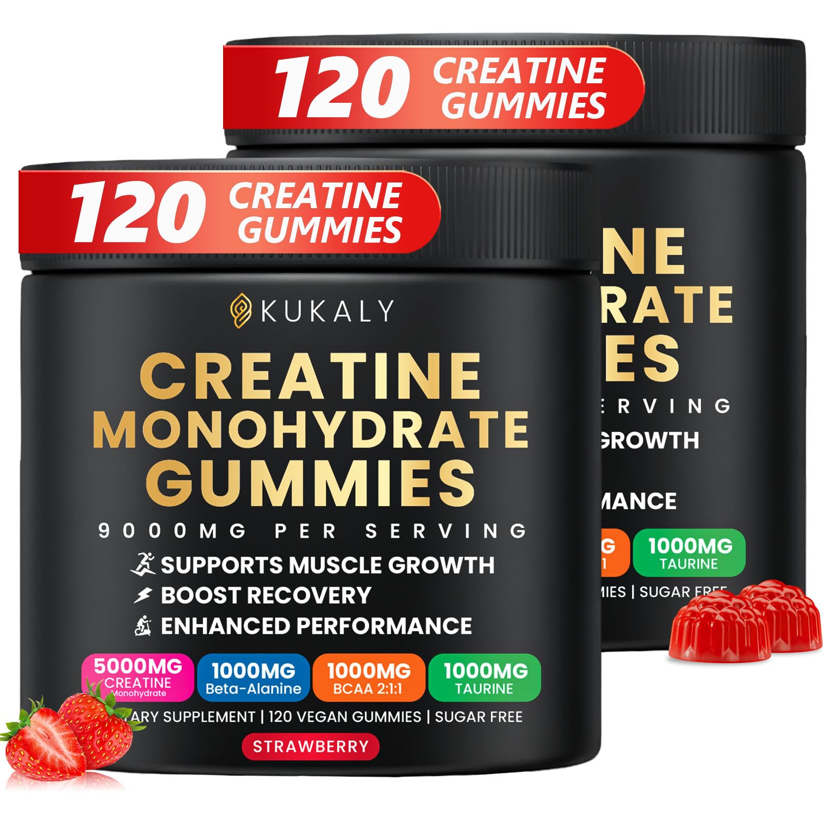 KUKALY Creatine Monohydrate Gummies strawberry bottle front view, vegan formula highlighted.