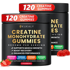 KUKALY Creatine Monohydrate Gummies strawberry bottle front view, vegan formula highlighted.