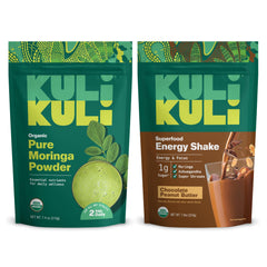Kuli Kuli Moringa powder bottle, pure organic supplement for smoothies and meals.