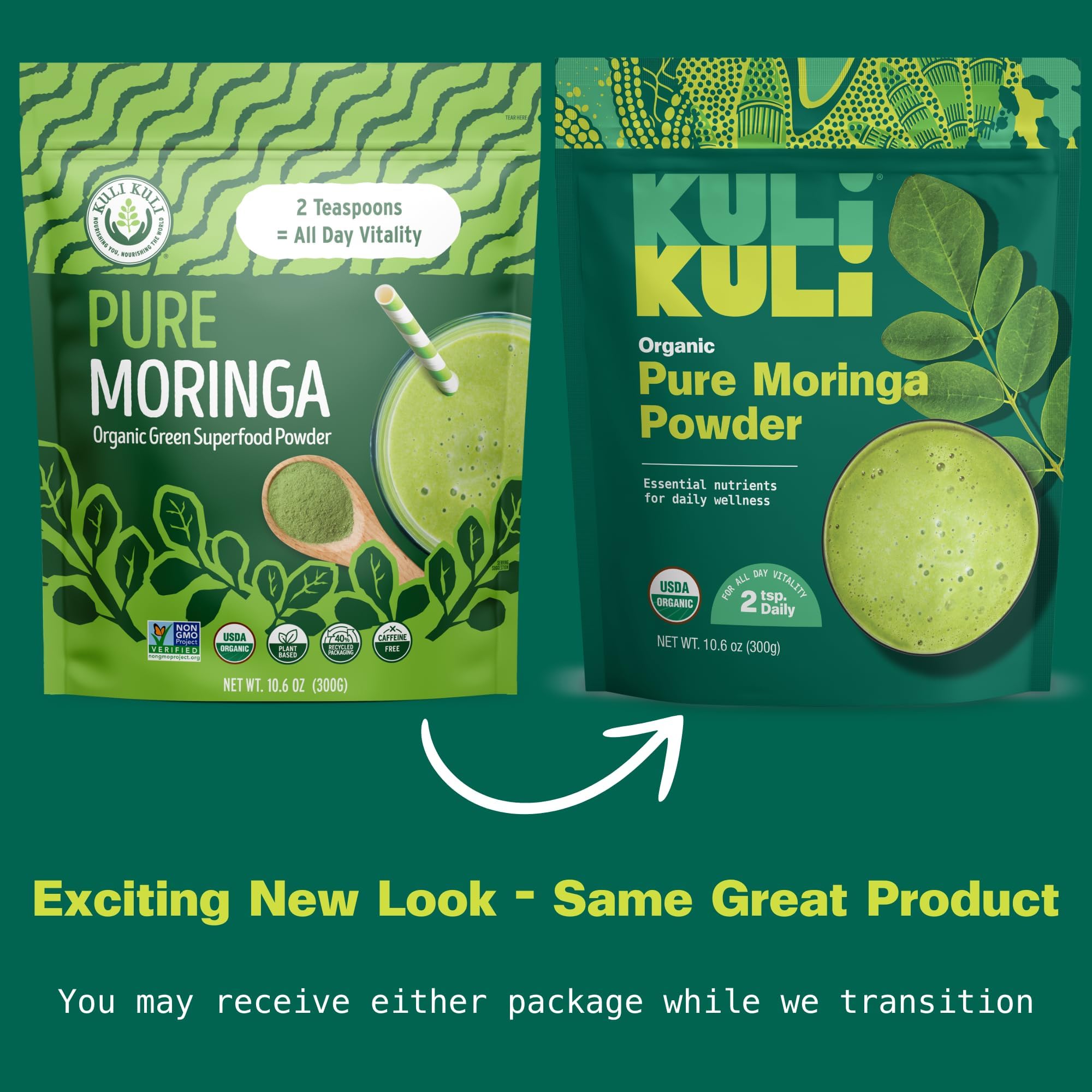 Kuli Kuli Moringa powder scoop ready to add to smoothies