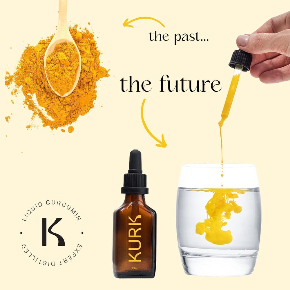 KURK Essential turmeric drops show no pills and zero calories.