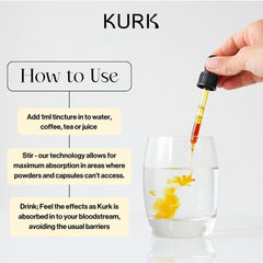 KURK Essential turmeric drops in tea for focused calm.