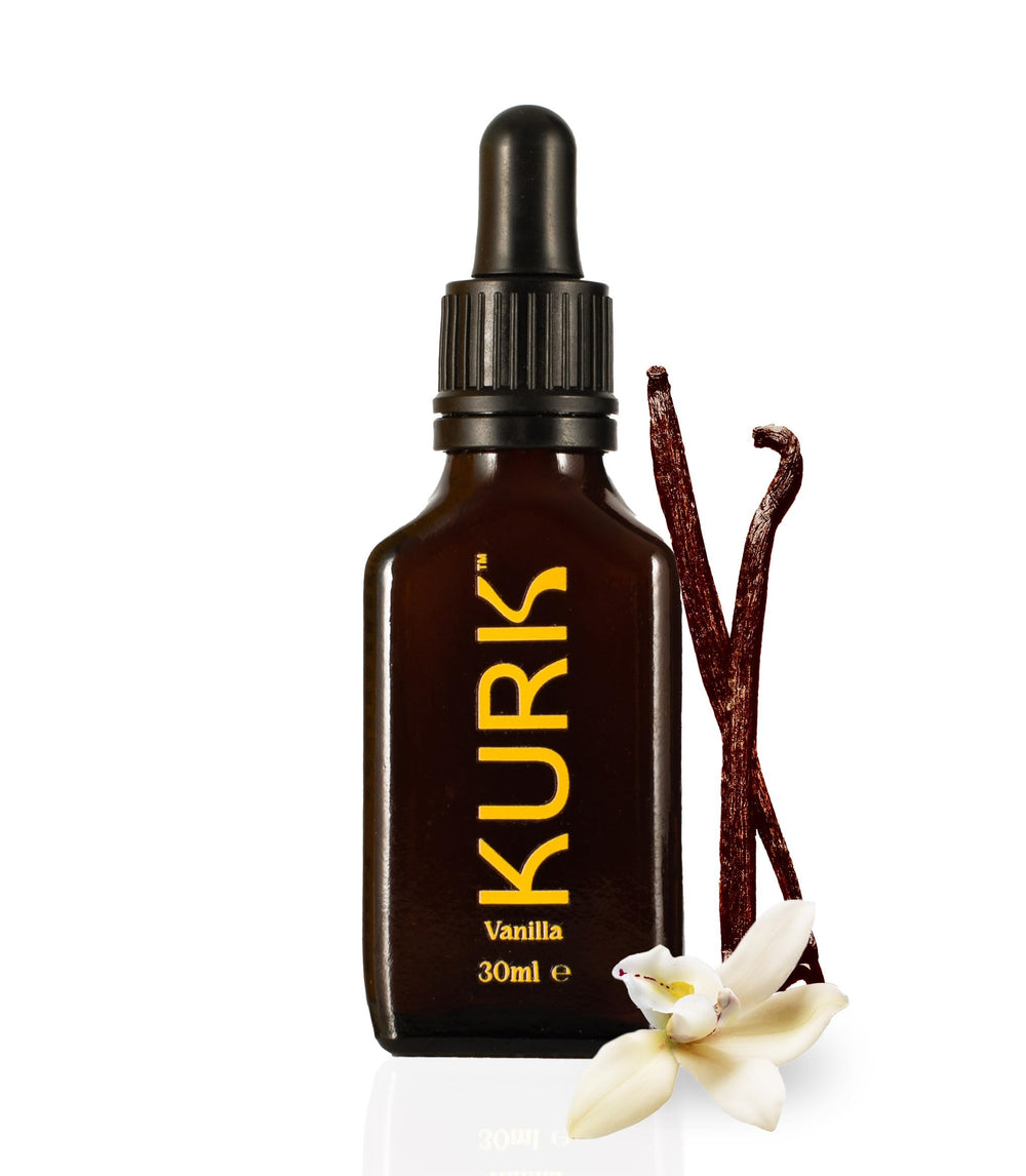 Kurk Essential turmeric drops bottle with vanilla flavor supports daily wellness.