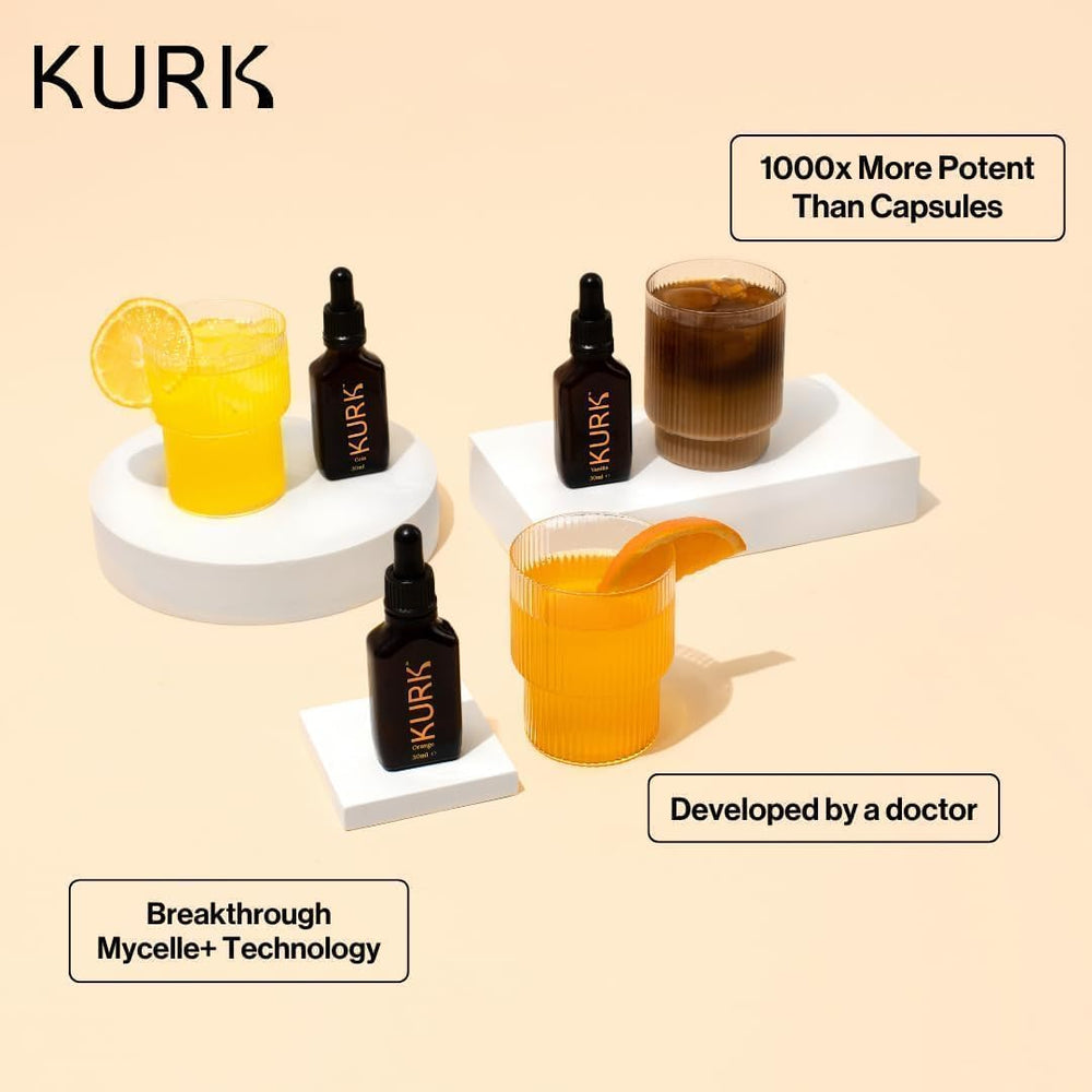 Kurk Essential drops mixing into coffee or smoothie for easy use.