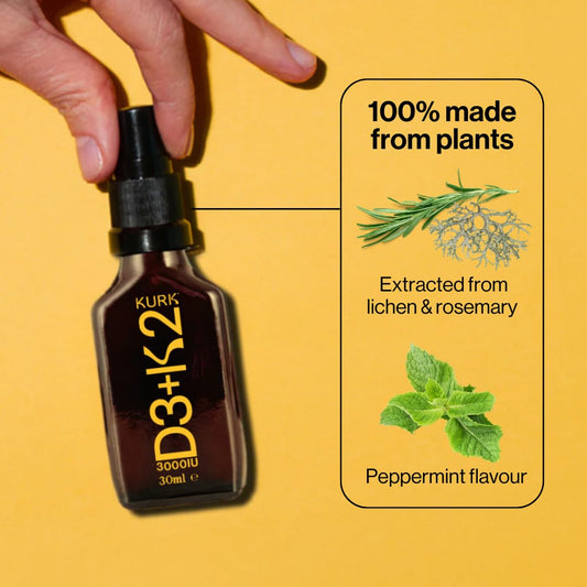 Kurk peppermint-flavored spray emphasizes easy, pleasant daily D3 K2 intake.