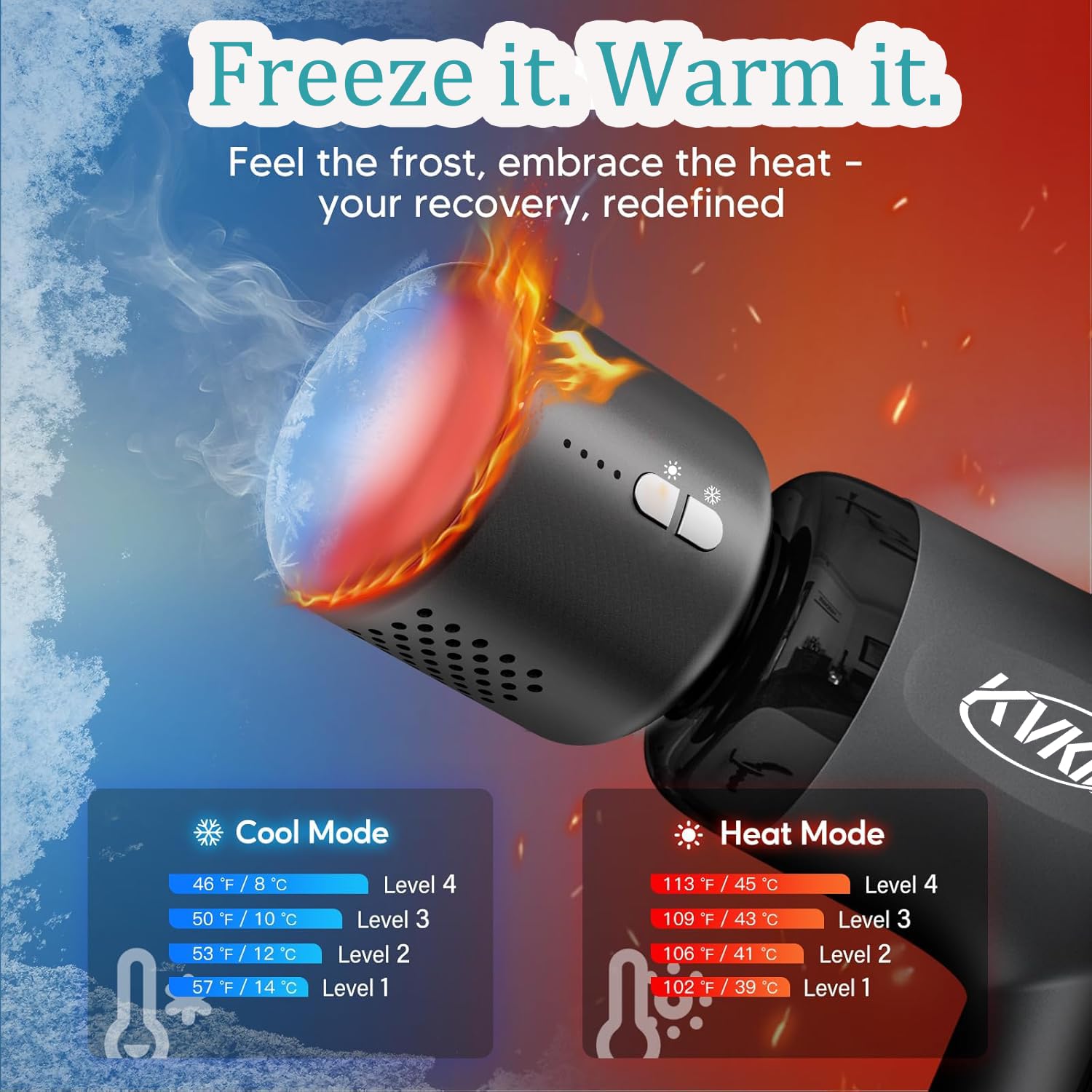 KVKID Mini Massager Gun heat head provides soothing warmth for deeper relaxation.