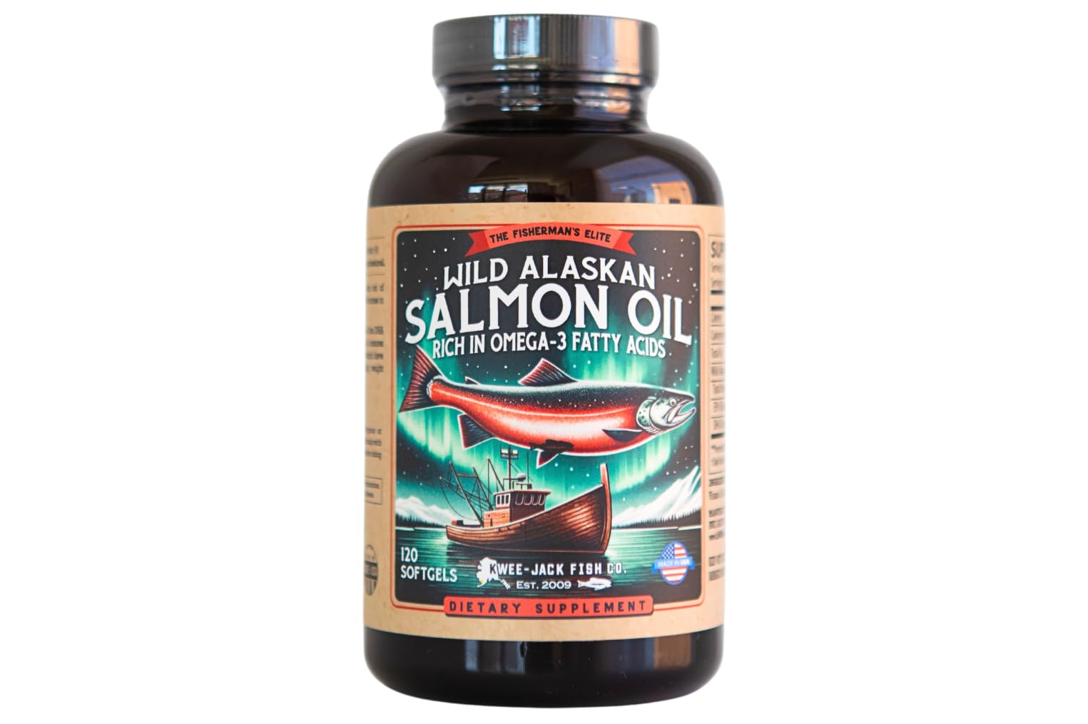 Kwee-Jack Salmon Oil bottle with omega-3 softgels for daily wellness.
