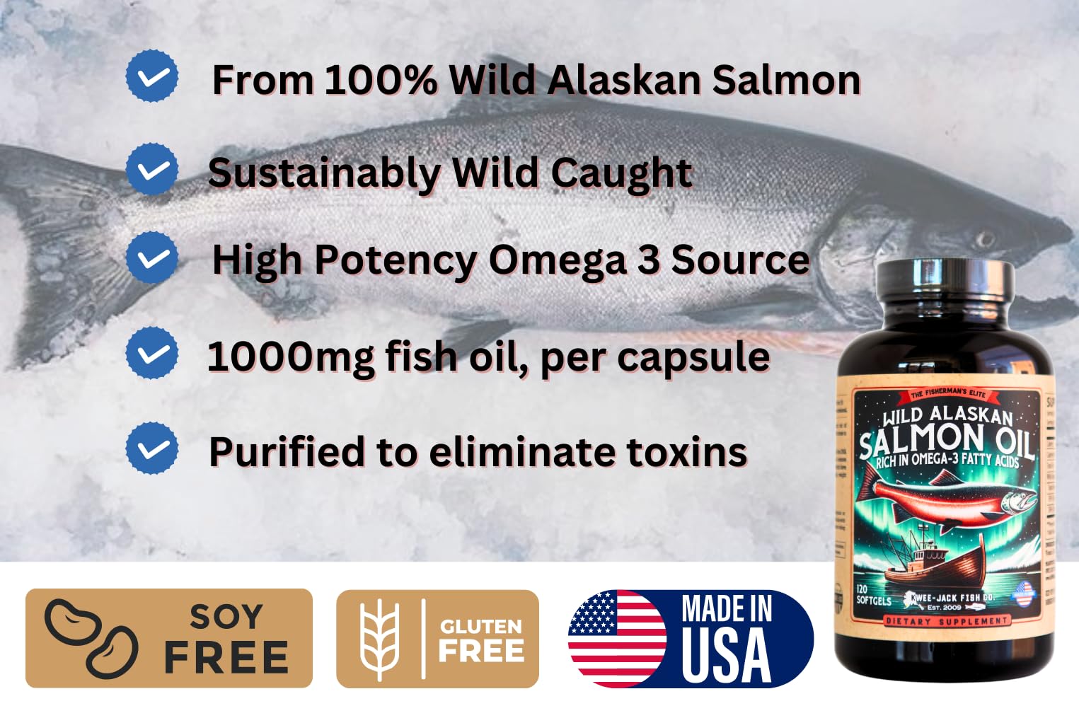 Kwee-Jack Salmon Oil softgels close-up for easy daily use.