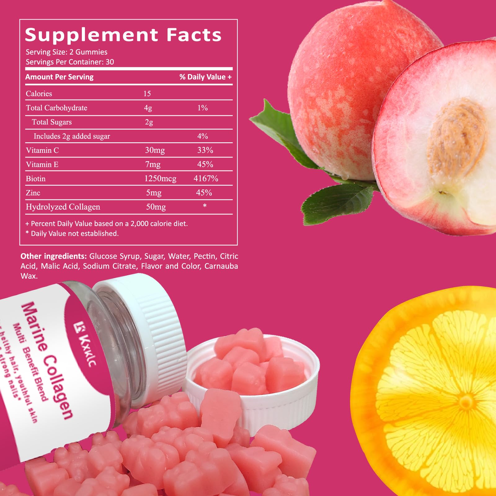KXKLC label detail emphasizes Vitamin C, Zinc, Biotin, and hydrolyzed marine collagen