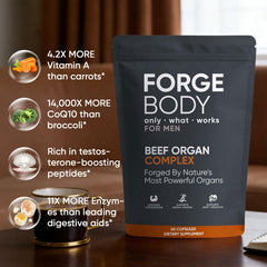 KXVUDE Forgebody ingredients label featuring grass-fed beef organs and nutrients