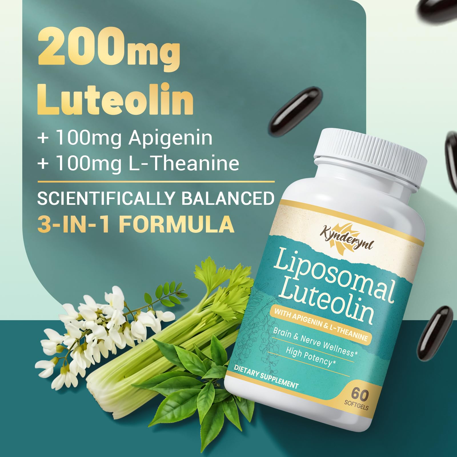 Kynderynl Liposomal Luteolin softgels close-up for convenient memory support.