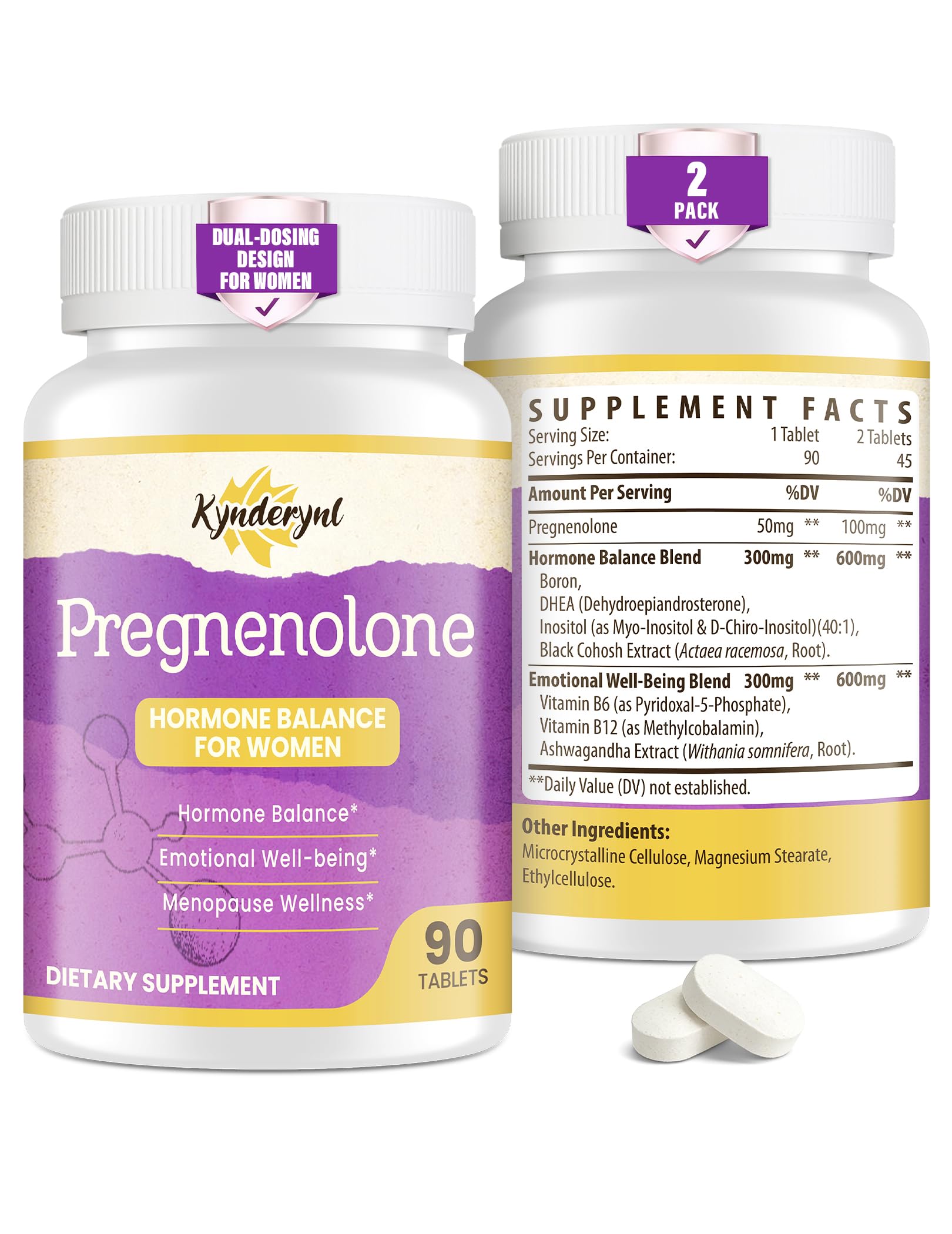 Kynderynl Pregnenolone 50 mg chewable tablet close-up for daily balance.