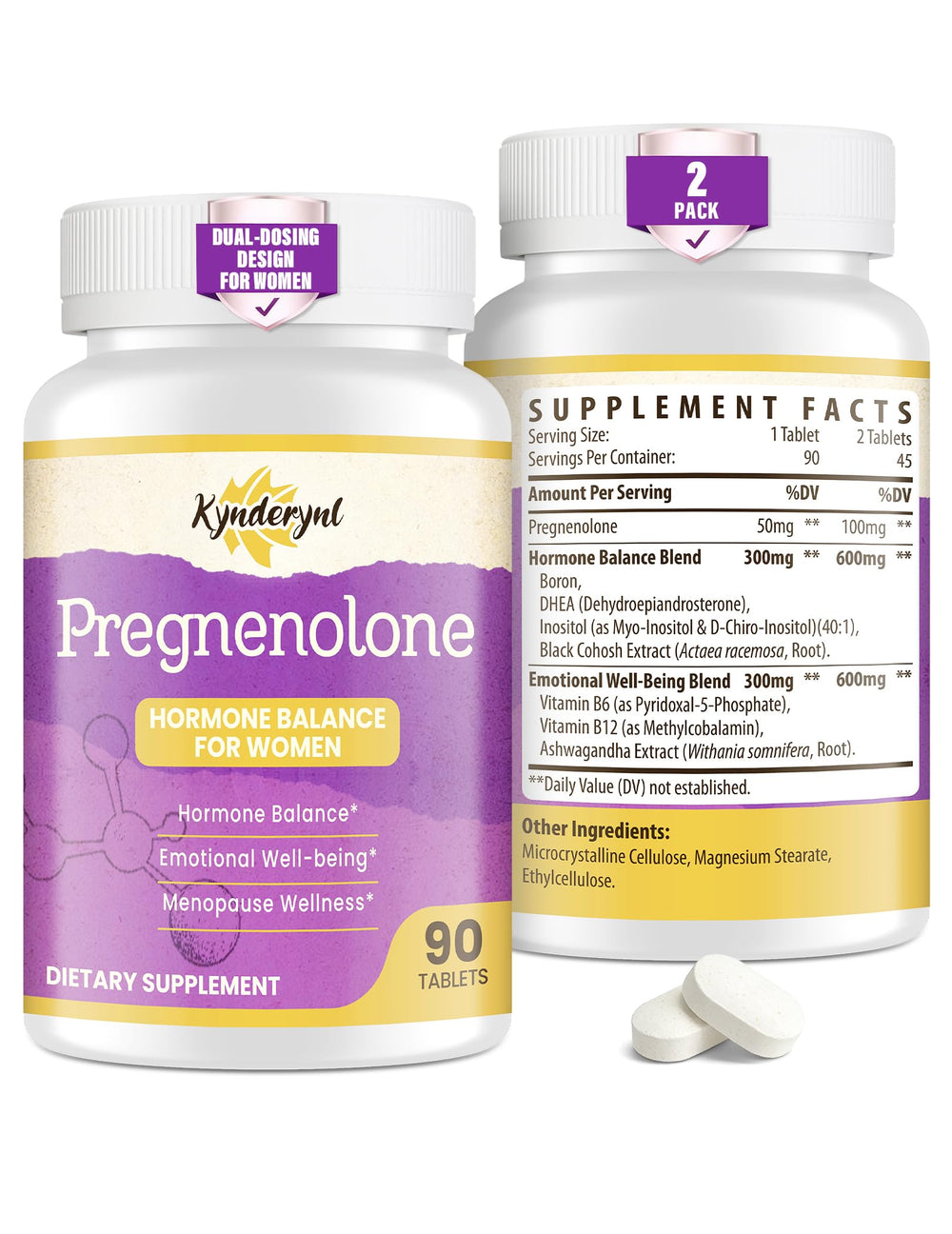 Kynderynl Pregnenolone 50 mg chewable tablet close-up for daily balance.