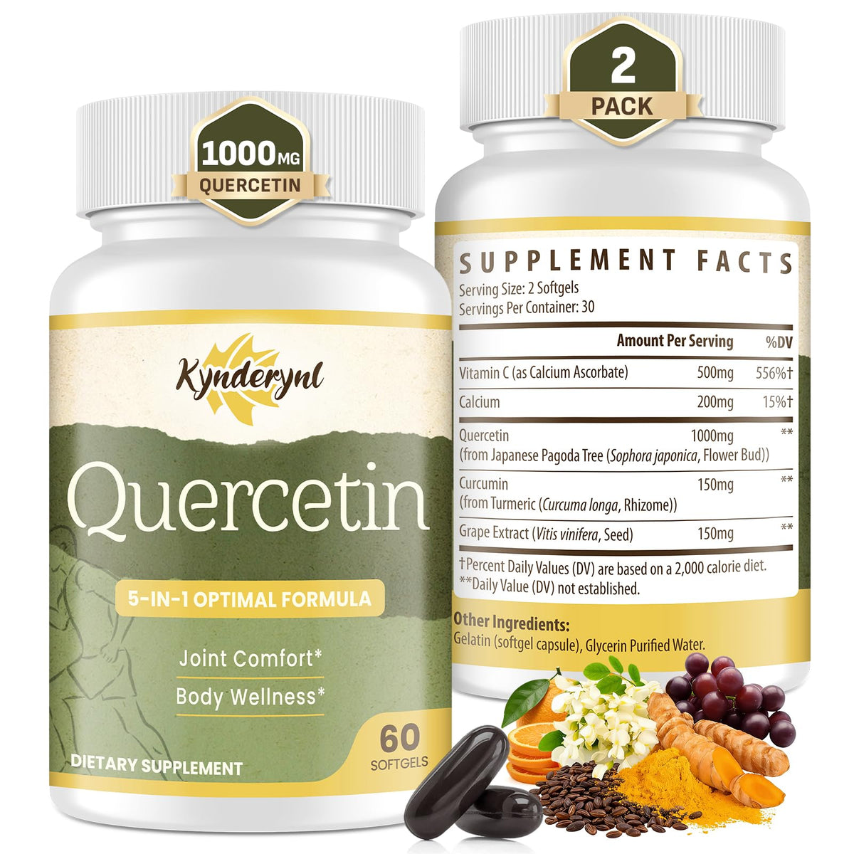 Kynderynl Quercetin 1000mg softgels bottle for daily mobility support.