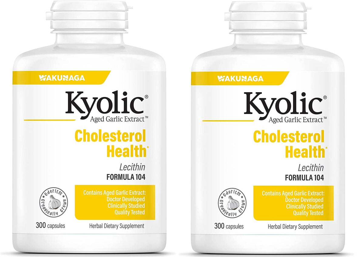 Kyolic 104 garlic extract with lecithin bottle front; supports healthy cholesterol levels.