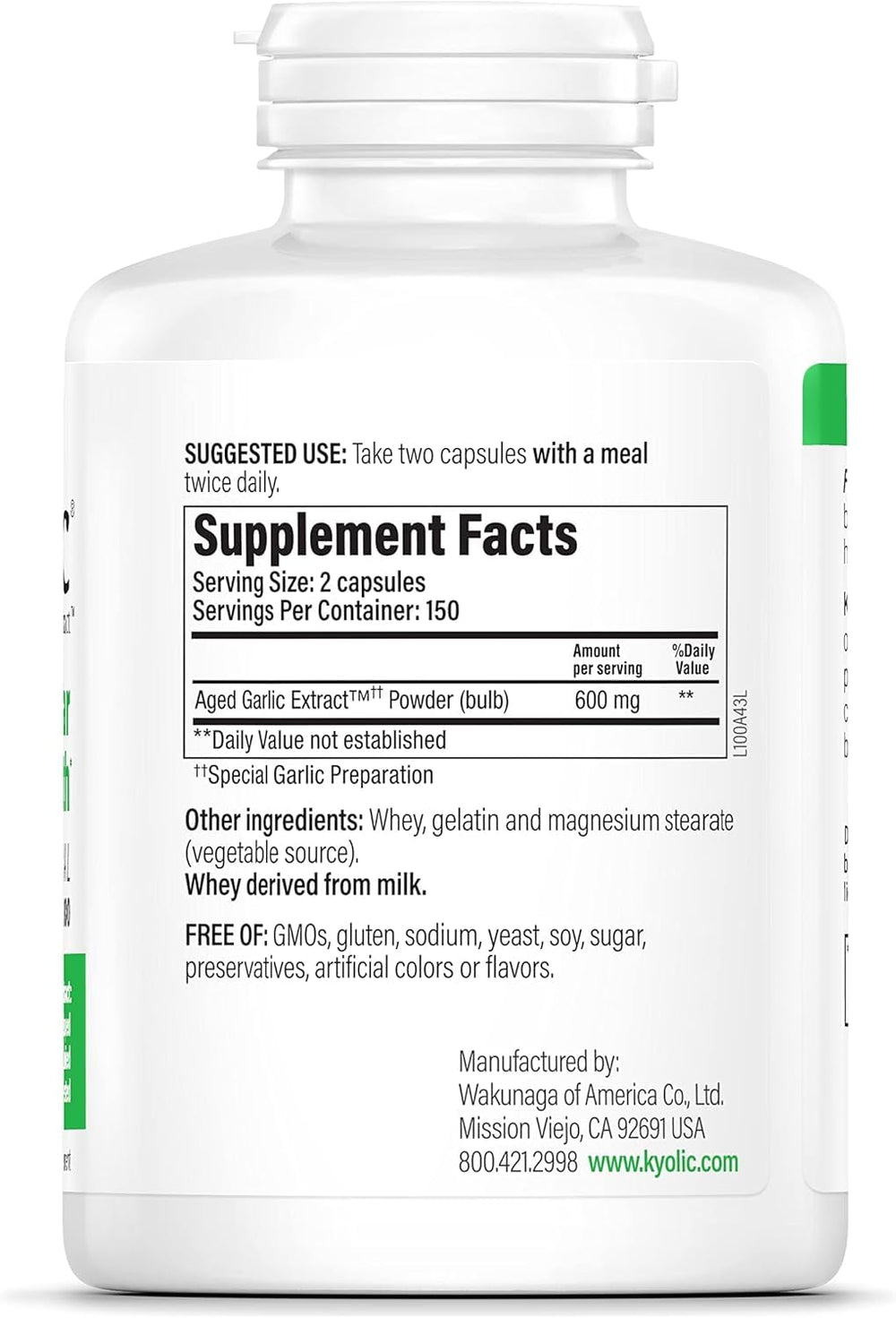 Kyolic aged garlic capsules emphasize odorless convenience for daily immune and circulation support.
