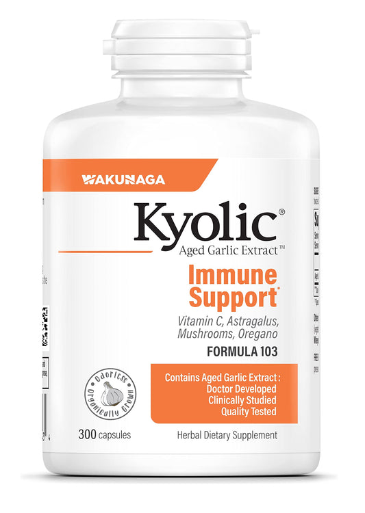 Kyolic Aged Garlic Extract 103 bottle with odorless capsules for immune support.