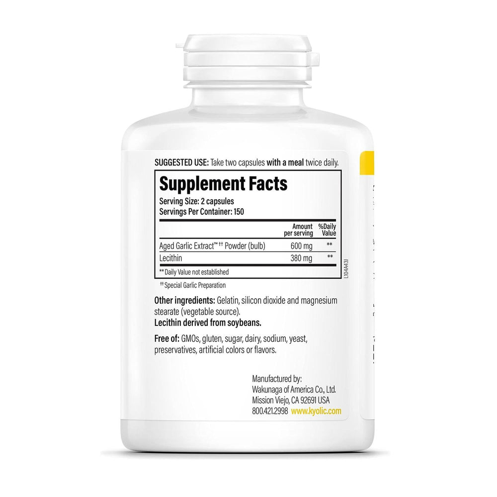 Kyolic Aged Garlic Extract Formula 104 capsules on a spoon, for easy daily use.