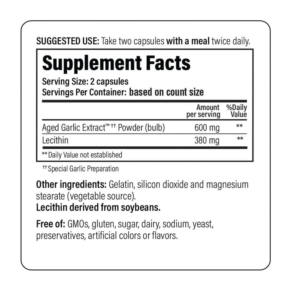 Kyolic Aged Garlic Extract Formula 104 packaging box emphasizing organic garlic and non-GMO sourcing.