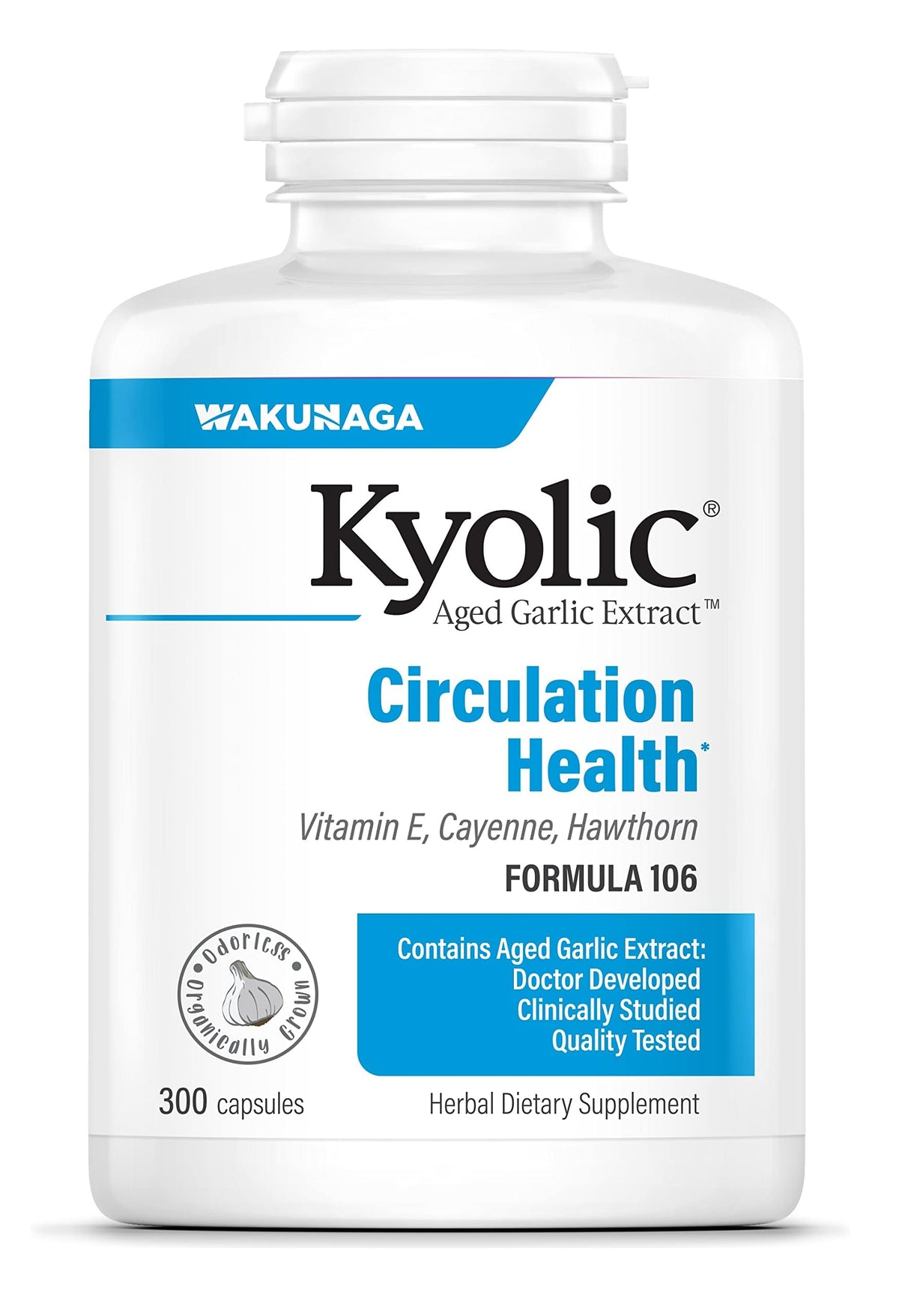 Kyolic Aged Garlic Extract Formula 106 bottle supports circulation health.