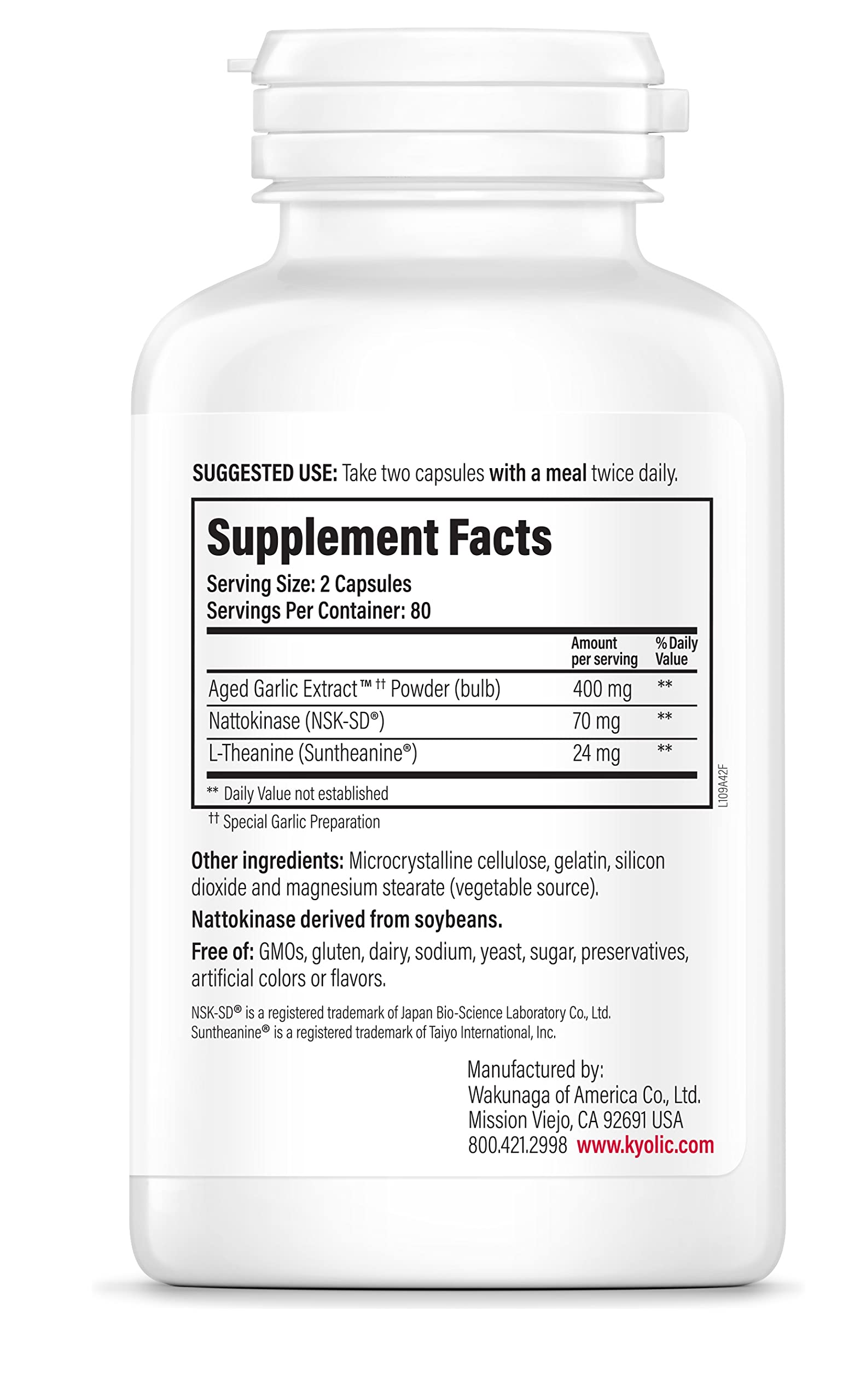 Poured Kyolic Formula 109 capsules for daily use with smooth ingestion