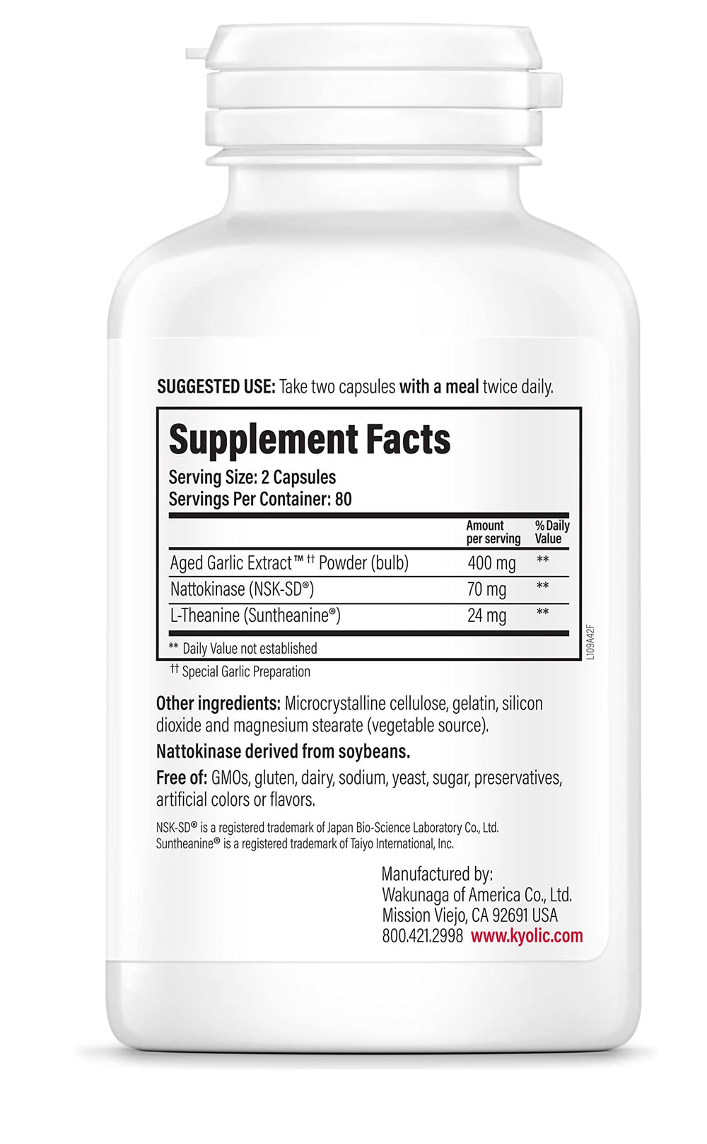 Poured Kyolic Formula 109 capsules for daily use with smooth ingestion