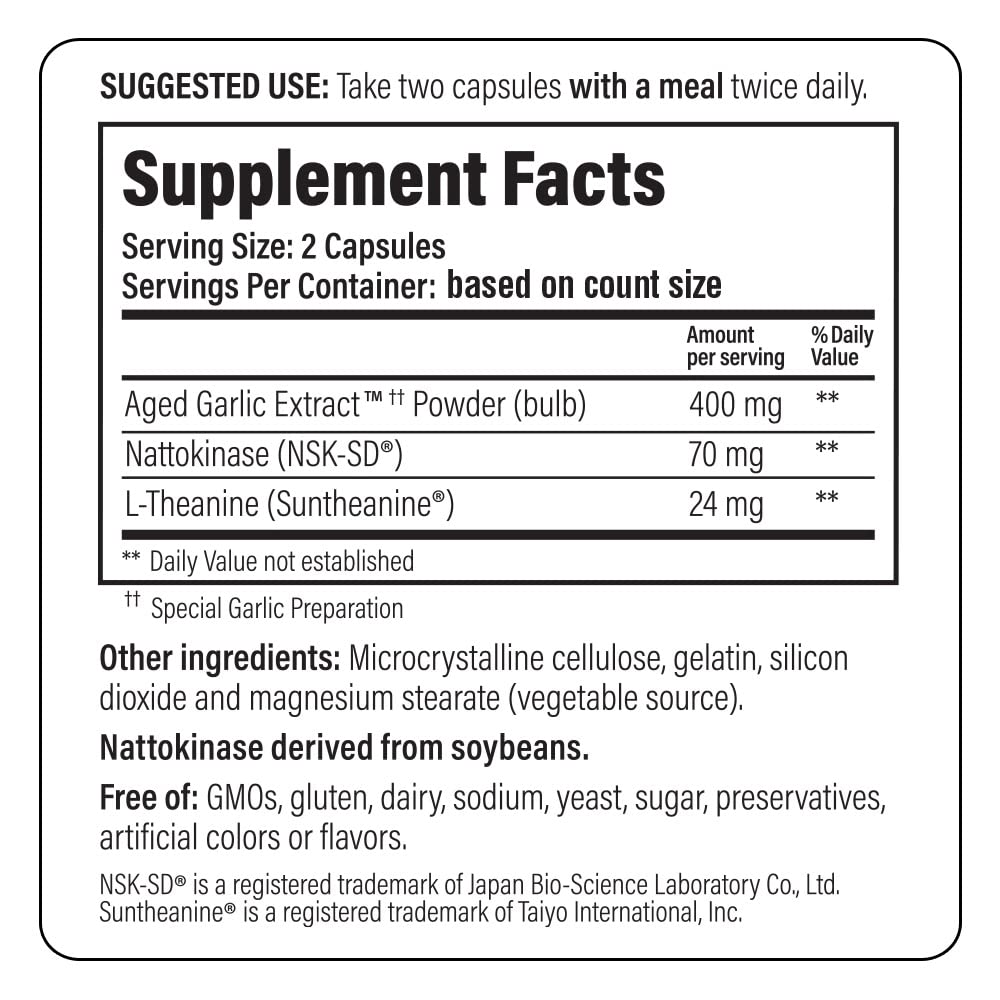 Kyolic Aged Garlic Extract 109 ingredients close-up featuring nattokinase and Suntheanine benefits