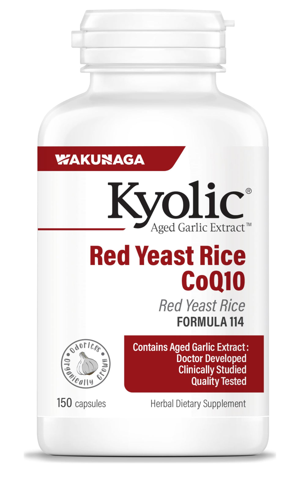 Kyolic Aged Garlic Extract Formula 114 bottle with odorless, gentle formula.
